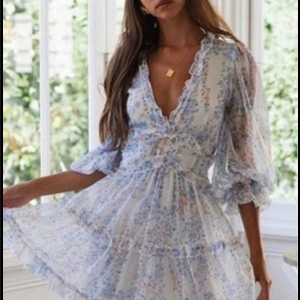 Elegant Floral Backless Dress - Blue and Orange - Picture 3 of 4